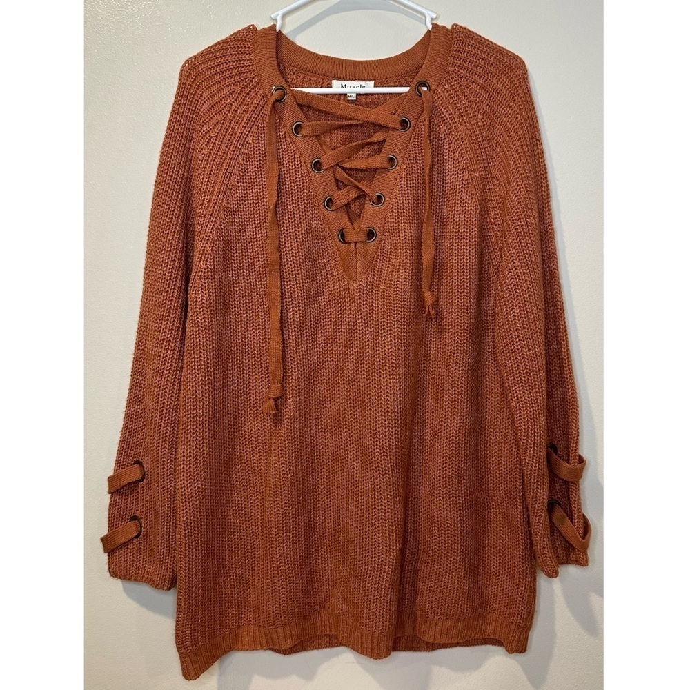 Miracle Women's‎ Brick Orange Criss Cross V-Neck Knit Sweater Size M/L